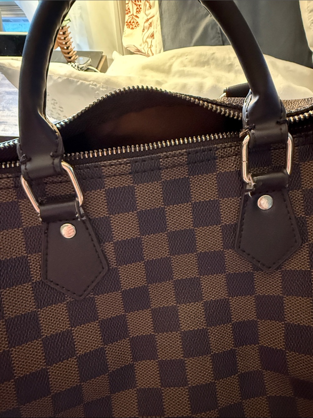 Classic Brown Checker Leather Top-Handle Women's Bag - Picture 5 of 5
